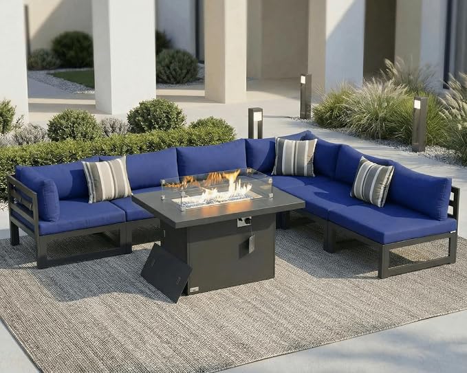 NICESOUL 7 Piece Large Modern Aluminum Outdoor Sofa with Fire Pit Table, 29" Deep Wide Seat, 500 lbs Durable Sectional Set for Heavy People, Water Resistant Patio Furniture Set for Garden, Navy Blue