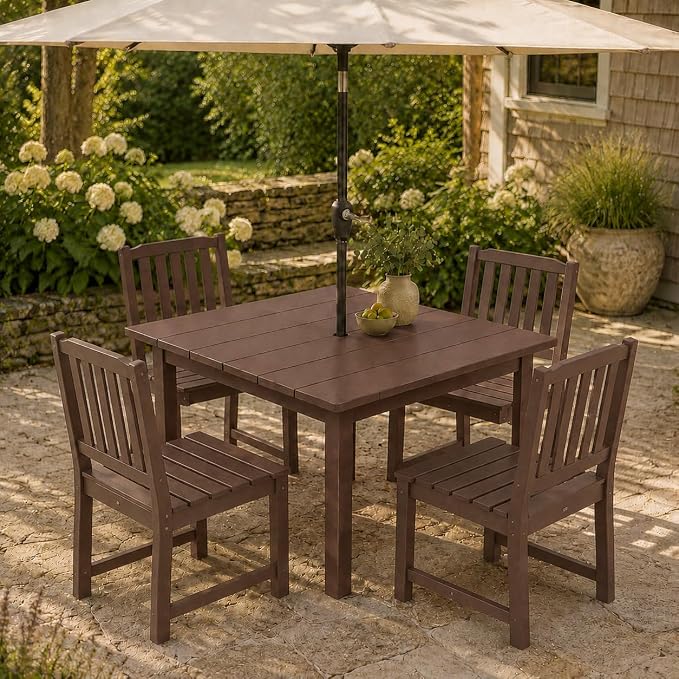 HDPE Outdoor Dining Set for 4, Square Table & Chairs Set | • All-Weather Polywood Composite • 410 lbs Heavy-Duty Support • Built-In 2" Umbrella Hole • Easy Soap-Water Wash