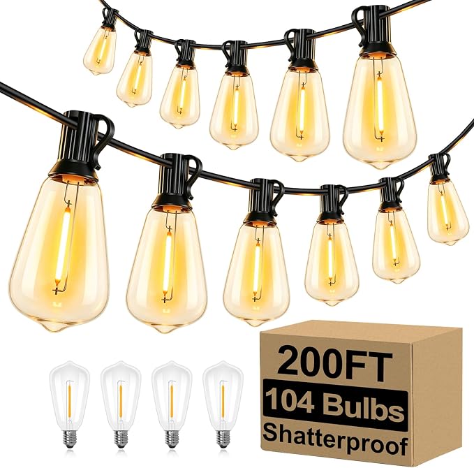 Brightever LED String Lights Outdoor Waterproof, 200FT 2200K Dimmable Patio Lights with 104 Shatterproof ST38 Vintage Edison Bulbs, Outside Hanging Light for Porch, Deck, Garden, Backyard, Balcony