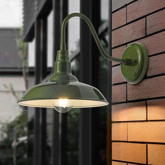 14 Inch Dome Outdoor Gooseneck Barn Lights Olive Green Farmhouse Exterior Wall Lights for Porch, 2Pack Patio Barn Style Wall Mount Gooseneck Lighting for House, Garage