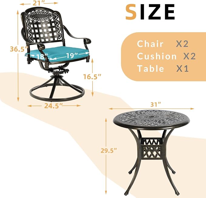 3-Piece Outdoor Patio Dining Set, All-Weather Cast Aluminum Patio Furniture Set for Backyard Garden Deck with 2 Swivel Cushioned Chairs and 31” Round Table, 2" Umbrella Hole, Ocean Blue