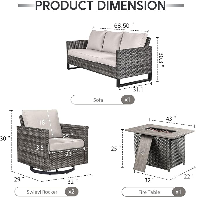 4 Piece Wicker Patio Furniture with Fire Pit Table - Outdoor Conversation Set with 50,000 BTU Fire Pit, All Weather Rattan Patio Set for Deck Backyard Garden - Grey Wicker Beige Cushion