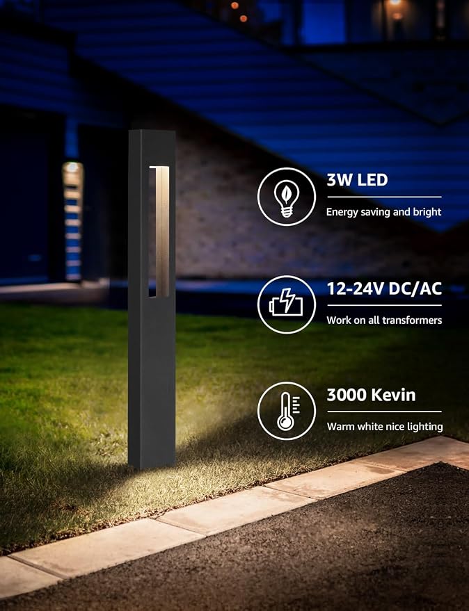 SUNVIE 3W LED Low Voltage Landscape Pathway Lights 3000K Black, 8 Pack | IP65 Waterproof, Modern Design, Anti-Glare, 12-24V AC/DC, Aluminum, Outdoor Landscape Lighting for Walkway, with Connectors