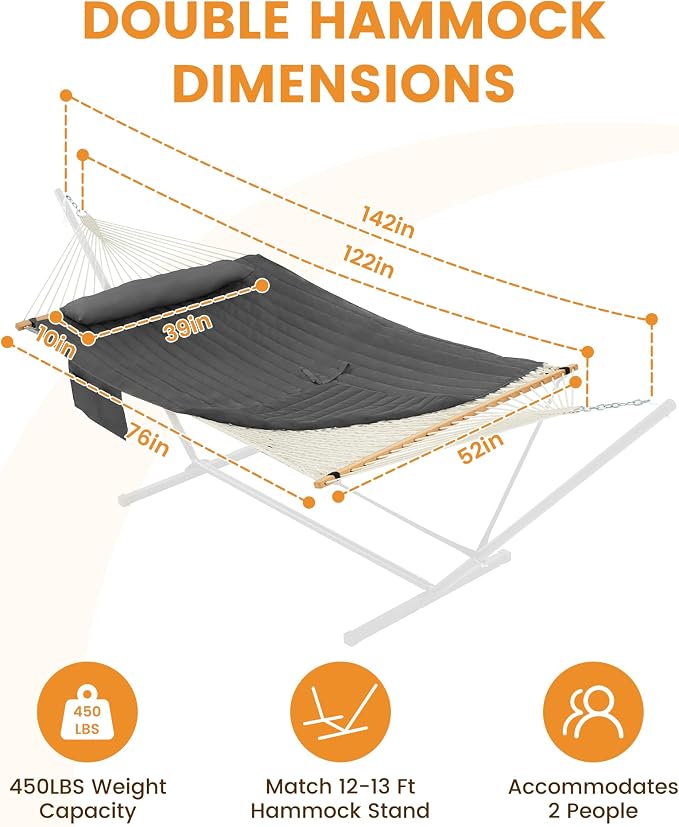 Lazy Daze Hammocks Rope Hammock with Pad, Spreader Bar, Carabiners, Tree Straps, Chains for Outside Patio- Max 450 Lbs, Dark Grey