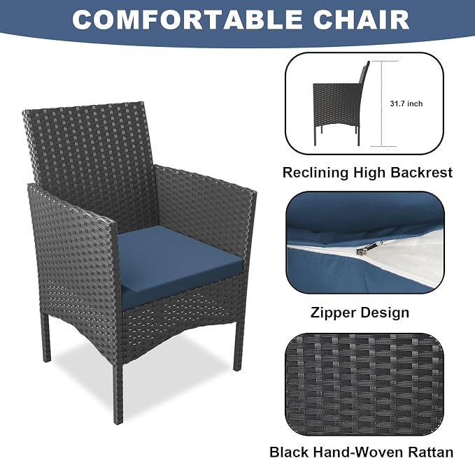 ALAULM 4 Pieces Patio Furnitrue Set Outdoor Patio Conversation Set Wicker Chairs w/Soft Cushions and Glass Coffee Table Outdoor Settees for Backyard, Porch, Poolside(Dark Blue)
