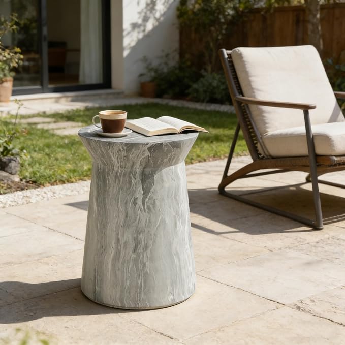 Outdoor Side Table Round Concrete Side Table Faux Stone End Tables Cement Accent Tables Patio Garden Stool Plant Stand for Porch, Backyard Balcony,12.8",Grey