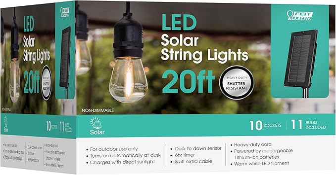 Feit Electric LED Solar Powered String Lights, Dusk-to-Dawn Sensor, 20ft Shatter Resistant Outdoor String Lights, Linkable, 2700K Warm White, 15,000-Hour Lifetime, SL20-10/SOL/V1, 11 Bulbs Included