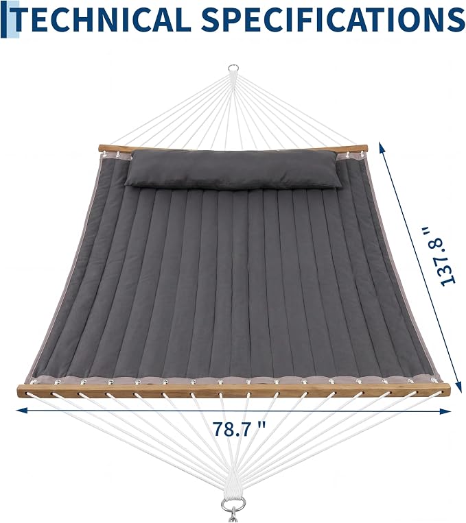 11.4 FT Double Quilted Hammock for 2, 450lbs Capacity Large Hammock with Pillow for Outdoor Patio, Garden Bed, Wooden Spreader Bar, 137.8" Long Dark Grey
