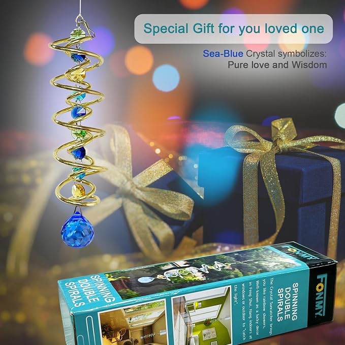 FONMY Gazing Ball Spiral Tail -Decorative Wind Spinner Sun Catcher Rainbow Maker Golden Double-Spiral W/Sea Blue Crystal Ball and Chain Crystals Beads for Indoor Outdoor Garden Decoration -14 inch H