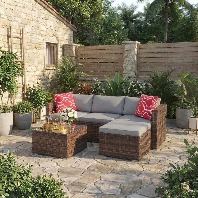 GarveeTech 5 Pieces Patio Furniture Set, All Weather Wicker Rattan Sectional Sofa,Outdoor Patio Furniture Set with Washable Cushions for Garden, Backyard, Porch, Poolside (Brown&Grey) ﻿