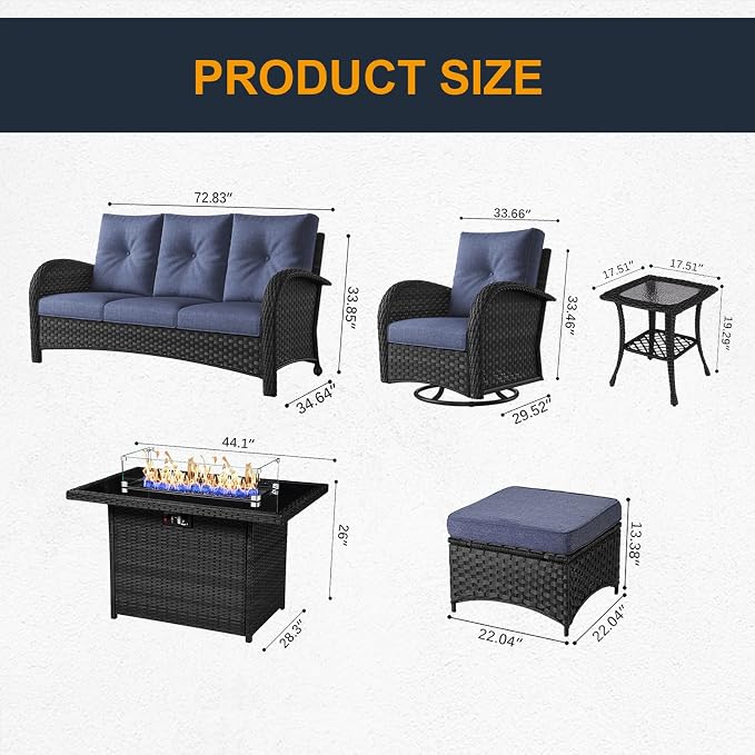 7 Pieces Outdoor Wicker Patio Swivel Rocking Chairs, All Weather Wicker Conversation Set with 44" Fire Pit Table