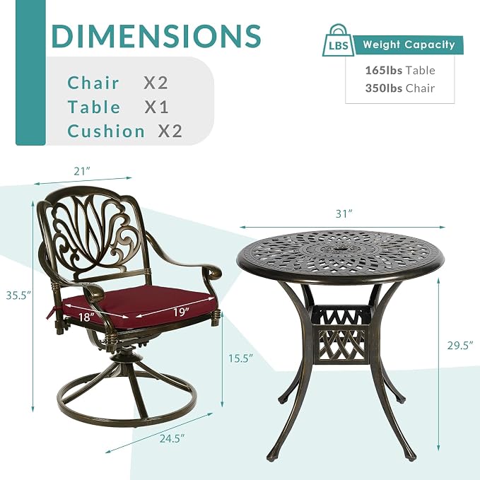 MEETWARM 3-Piece Outdoor Patio Dining Set, All-Weather Cast Aluminum Patio Conversation Set for Backyard Garden Deck with 2 Cushions Swivel Rocker Chairs and 31" Round Table, Umbrella Hole, Chili Red