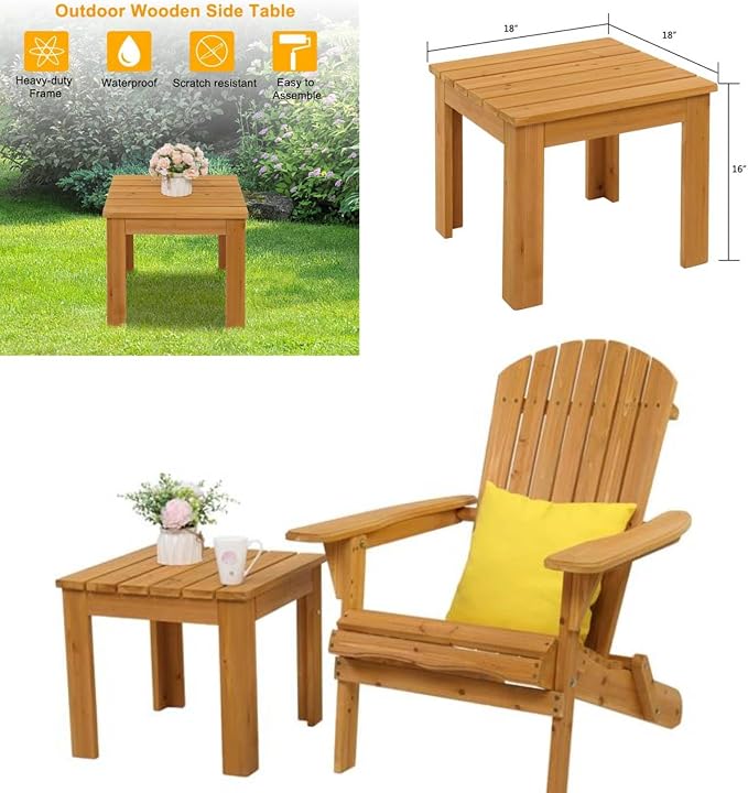 Fir Wood Side Table, Patio Wooden Square Side End Table Coffee Bistro Table Indoor Outdoor for Porch, Poolside, Backyard, Garden, Yard, Balcony, Living Room, Natural