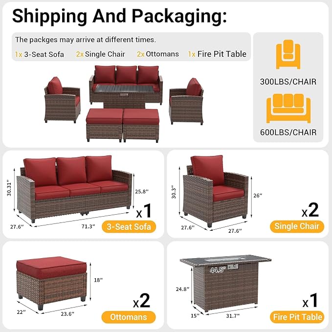 6 Pcs Patio Furniture Set with 44" Propane Gas Fire Pit Table, Rattan Outdoor Couch with Ottomans, 4" Thick Cushions for Backyard Garden Deck,Wine Red