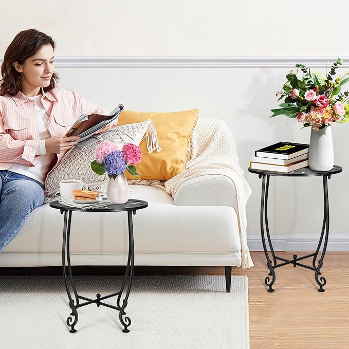 2 Pack Small Outdoor Side Tables for Patio, 14 Inch Metal Patio Side Table, Weather Resistant Steel Outdoor Round End Table for Patio Porch Garden Yard Balcony, Black (Turtle Leaf)