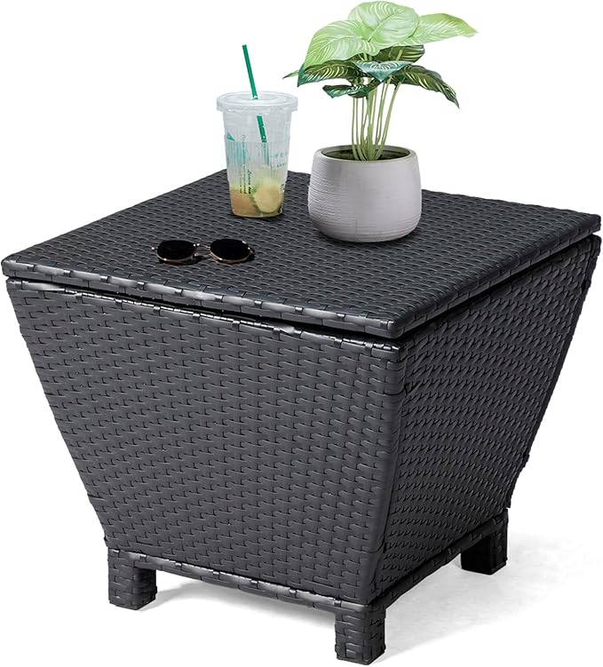Outdoor PE Wicker Side Table with Storage – 13 Gallon Patio Storage Bin, All-Weather Rattan Coffee Table for Garden, Balcony, Poolside – Holds Hose, Cushions, Towels (Black)