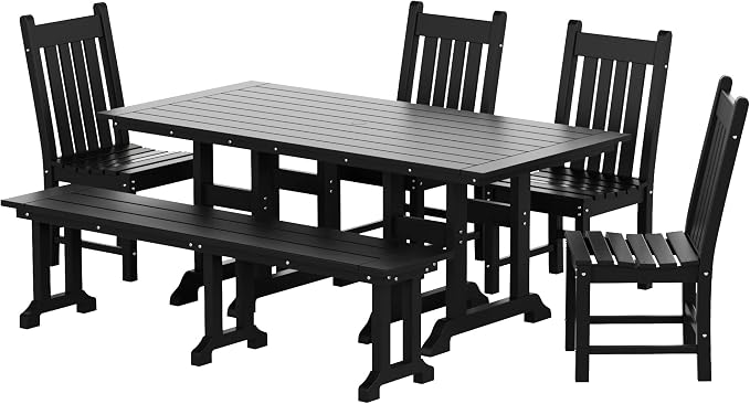 WestinTrends Malibu 6 Piece Outdoor Dining Set with Bench, All Weather Poly Lumber Patio Table and Chairs Set, 71" Trestle Dining Table with Umbrella Hole, 5 Patio Chairs with Bench, Black