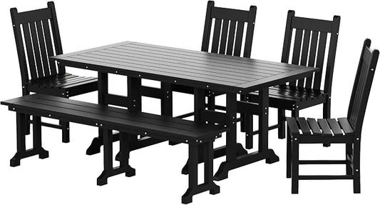 WestinTrends Malibu 6 Piece Outdoor Dining Set with Bench, All Weather Poly Lumber Patio Table and Chairs Set, 71" Trestle Dining Table with Umbrella Hole, 5 Patio Chairs with Bench, Black