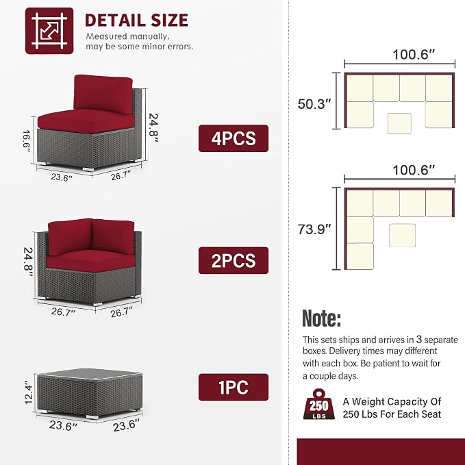 SUNCROWN Outdoor Patio Furniture Sofa Set 7 Piece All-Weather Wicker Sectional Conversation Set with Modern Glass Coffee Table, Cushions and A Waterproof Cover -Red