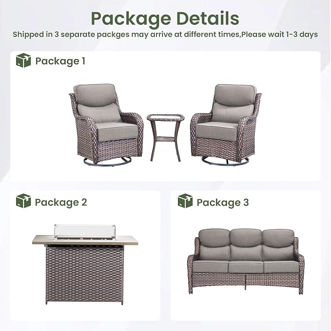 Luxury Patio Furniture Set with 6-inch Thick Cushion, Outdoor Furniture with Fire Pit Table, Swivel Chairs, Side Table, Sofa, 5pcs Wicker Conversation Set for Deck Yard (Brown Wicker/Grey Cushion)