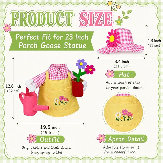 23 Inch Spring Gardener Porch Goose Outfit, Lawn Goose Costume with Floral Hat, Watering Can & Potted Flower Prop, Fits Plastic Goose Statue, Outdoor Yard Lawn Decor