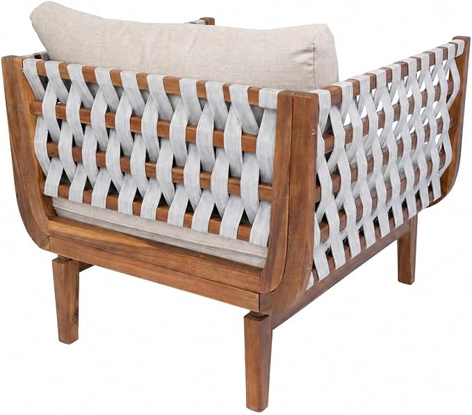 Christopher Knight Home Gwen 3 Piece Acacia Wood Patio Conversation Set with Sofa, Coffee Table and Ottoman, 3-Seater Sofa with Water-Repellent Cushion, Outdoor Patio Furniture Set, Teak+Beige