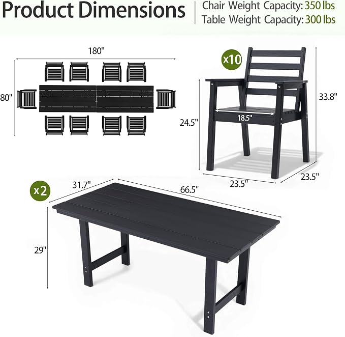 12-Piece Outdoor Dining Set, All-Weather HDPE Patio Furniture, Two 66.5" Slatted Table with 1.6" Umbrella Hole & 10 Ergonomic Armchairs, Heavy Duty 350lbs Capacity, UV Resistant, Black