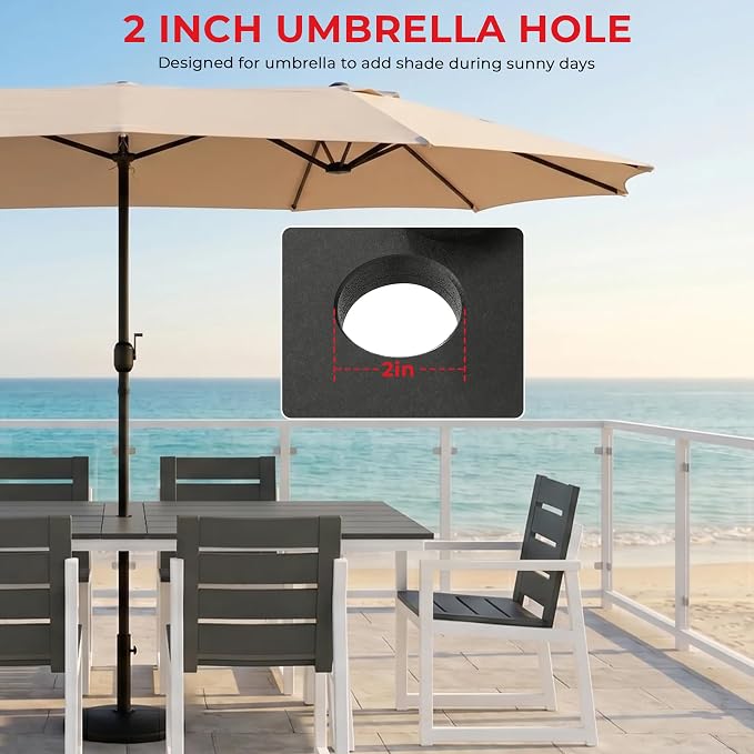 Costaelm Stinson 7-Piece Outdoor HDPE Patio Dining Table Set with Umbrella Hole & Dining Chairs for 6, Gray
