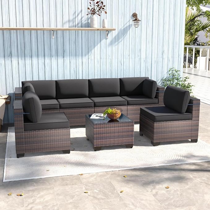 7 Pieces Outdoor Patio Furniture Sets,Wicker Conversation Set Sectional Sofa,Includes 6 All-Weather High Back PE Rattan Seating Components w/Thickened Cushions&Coffee Table,Gray