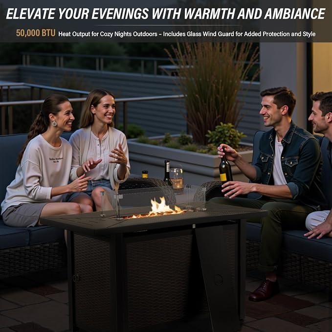 Belord Patio Furniture Set with Fire Pit Table - 8 Piece Outdoor Wicker Furniture Set with 43" 50000 BTU Propane Fire Pit and Rocking Chairs Patio Conversation Set for Deck Outside Backyard Blue