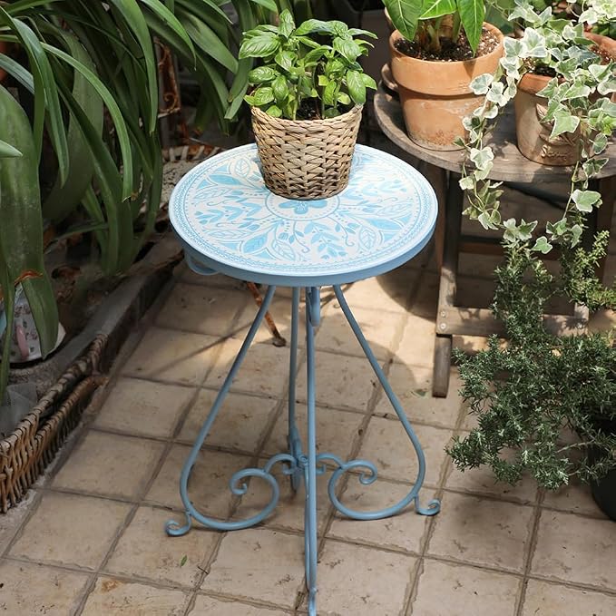 Vintage Outdoor Side Table Round Mosaic Ceramic Tile Top 14" Diameter Metal Plant Stand for Flower Pots Vase Garden Home Porch Pool Indoor Decor Weather Resistant Outside Patio Accent End Furniture
