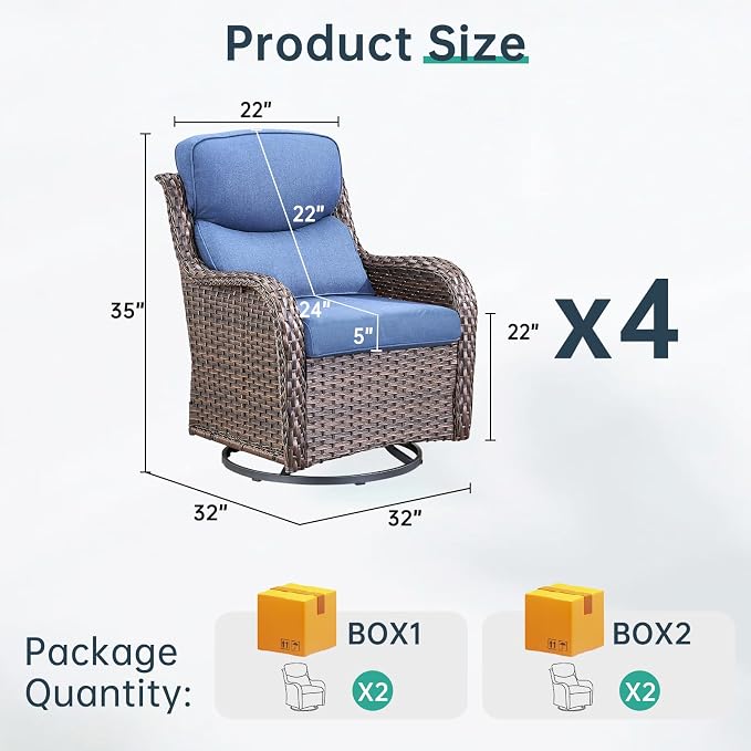 Outdoor Swivel Rocker Patio Chairs Set of 4-5" Thick Cushion 4 Piece Furniture Set All Weather Comfortable Wicker Conversation Set for Porch Poolside and Deck - Brown/Blue