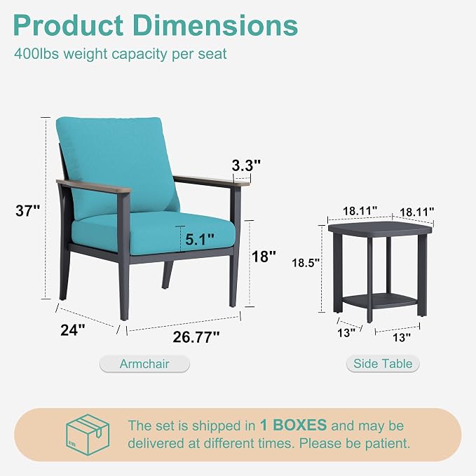 3-Piece Patio Rocking Swivel Chair Outdoor Aluminum Bistro Set with Coffee Table, Outdoor Patio Furniture Set with High Backrest & Thickened Cushions for Garden, Deck and Balcony, Turquoise