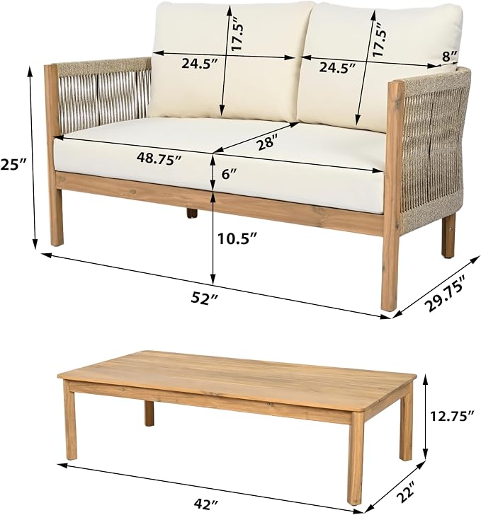 Christopher Knight Home Havets 2 Pieces Conversation Set, Acacia Wood Loveseat and Coffee Table Set, Woven Rope Armchair, Slats Panel End Table, 6" Thick Cushion Couch for Backyard Garden, Teak+Beige
