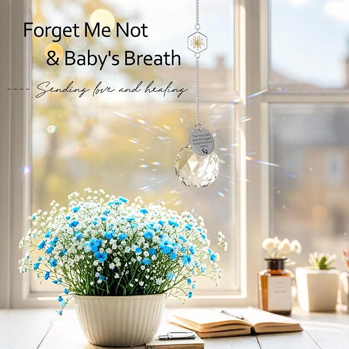 Miscarriage Memorial Suncatcher Gifts for Mothers Dad, Handmade Forget Me Not Baby's Breath Pressed Flower Miscarriage Ornament, Bereavement Remembrance Gift for Loss of Baby (Yellow White)