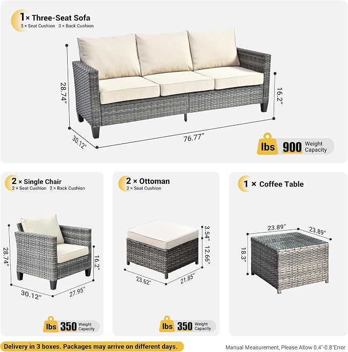 ovios 6 Pieces Patio Furniture Set, Outdoor Wicker Rattan Sofa Couch with Glass Table, Chairs, Comfy Cushions, Conversation Sets for Porch Deck Garden, Beige