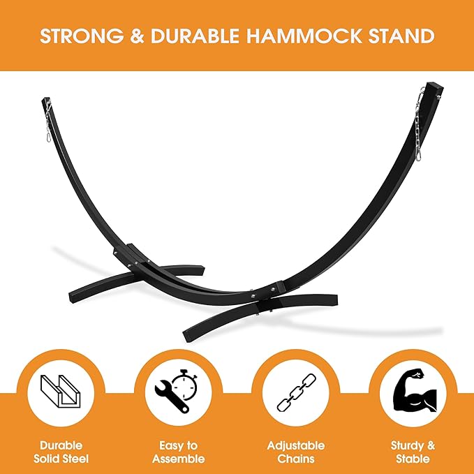 Lazy Daze Hammocks 12 Ft Heavy Duty Steel Arc Hammock Stand with Carabiner and Chain, 2 Person Weather-Resistant Curved Stand for Outside, Backyard, Patio, 500 Lbs Capacity, Black