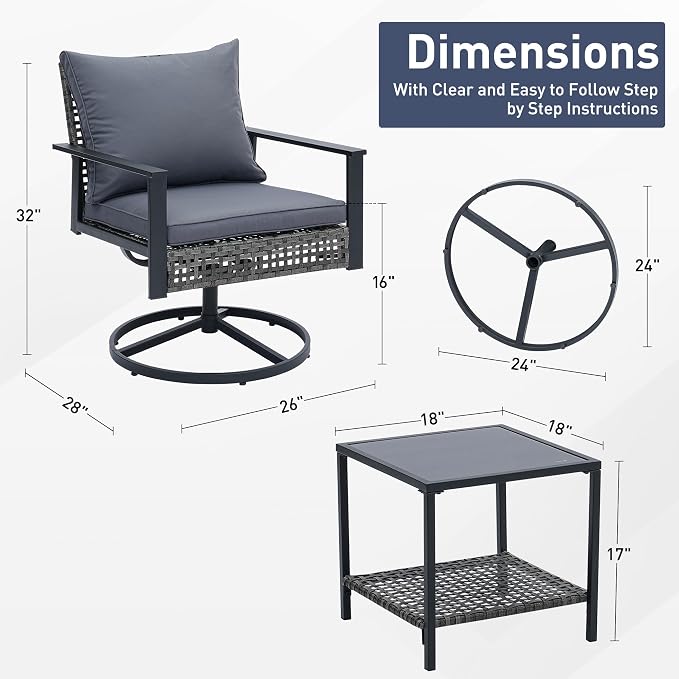 Ainfox 3 Pieces Patio Wicker Chairs Swivel Rocker, Outdoor Swivel Rocker Patio Chairs with Rattan Side Table, Patio Furniture Set for Patio Porch Pool, Grey