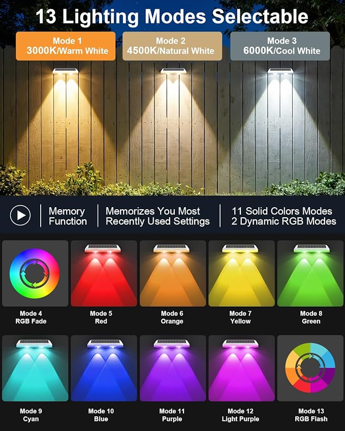 Solar Fence Lights Outdoor ,3000/4500/6000K 13 Mode, 16 Pack Fence Lights Solar Powered with Ultra-Bright Lens IP65 Waterproof,Solar Wall Light for Backyard/Step/Patio/Deck/Stair/Railings(White)