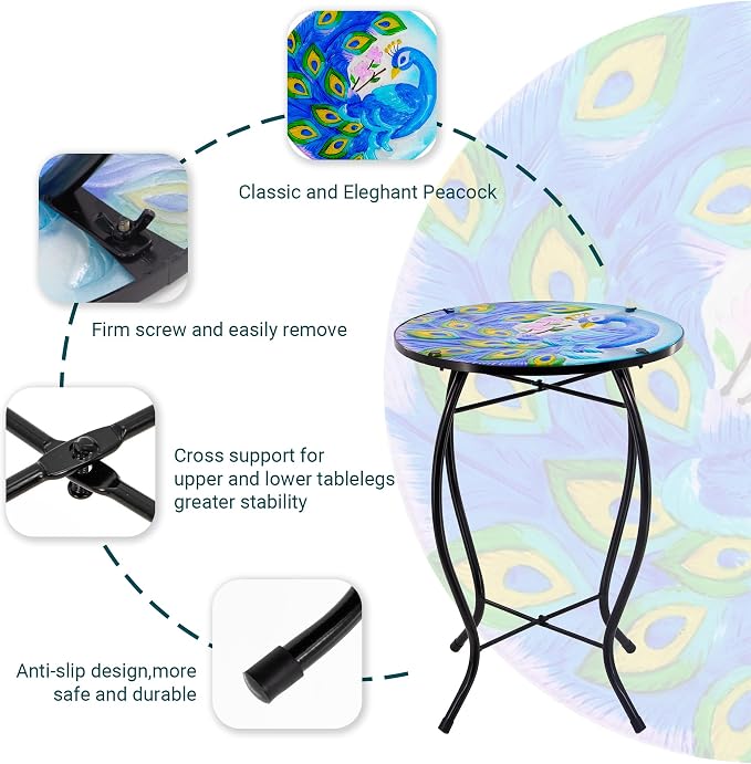 12 Inch Round Peacocks Glass Side Table, Patio Small Table, Outdoor Side Table, Outdoor Bar Table, Metal Glass End Table for Porch Garden Patio Pool Living Room