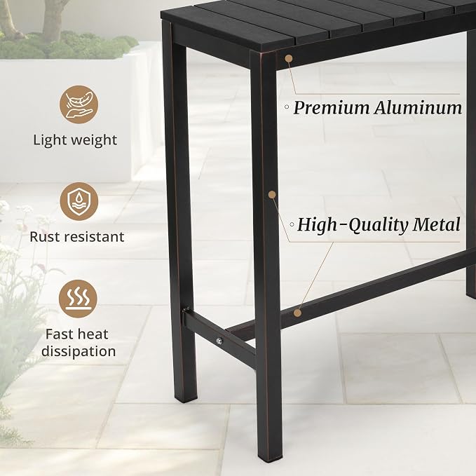 Cozyman Outdoor Bar Table, 38" Patio Bar Height Counter Console Table, Black Waterproof HDPS Slatted Top and Bronze Leg, Weather Resistant, Hot Tub, Balcony, Yard, Indoor or Outdoor Use