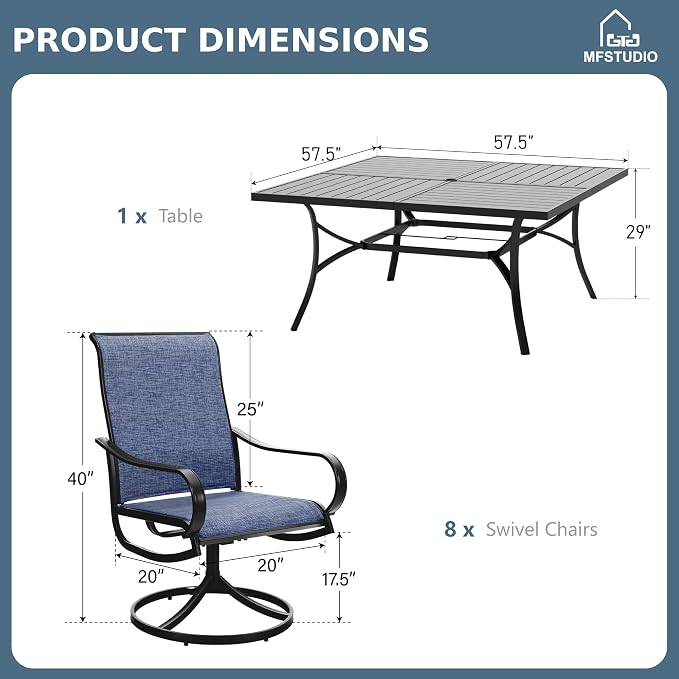 MFSTUDIO Patio Dining Set for 8, Outdoor Dining Set with Square Metal Table and Swivel Chairs, 9 Piece Outdoor Patio Furniture Set for Deck/Backyard/Poolside/Garden