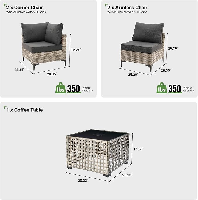 5 Piece Outdoor Patio Furniture with Glowing Coffee Table, Rattan Wicker Conversation Set with Sofa, Sectional Single Chairs for Outside Porch Balcony Backyard Pool,Black