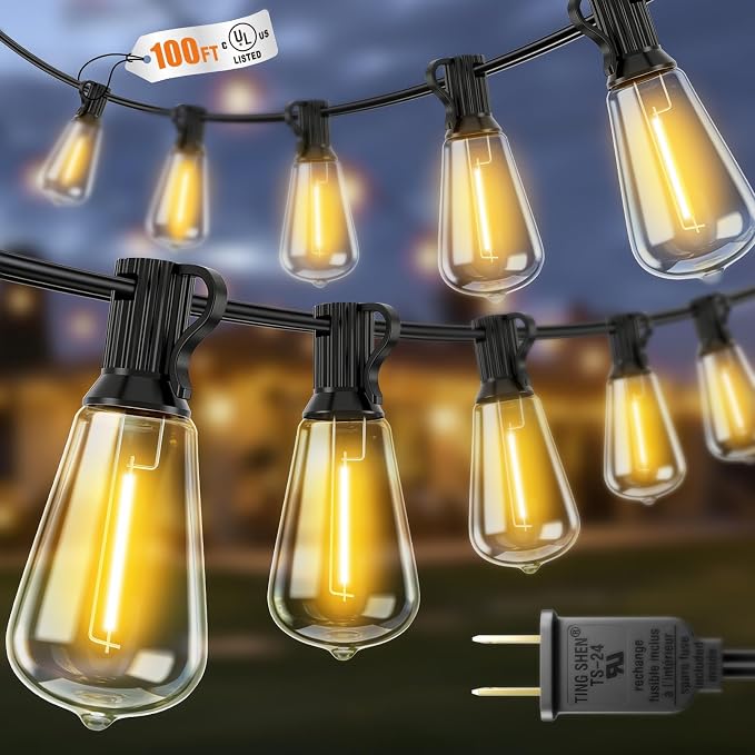 VOLIVO 100FT Outdoor String Lights for Patio, Waterproof Hanging Lights | 35+1 Shatterproof ST38 Edison Bulbs, Dimmable & Connectable Outside String Light for Backyard, Deck, Porch, Balcony