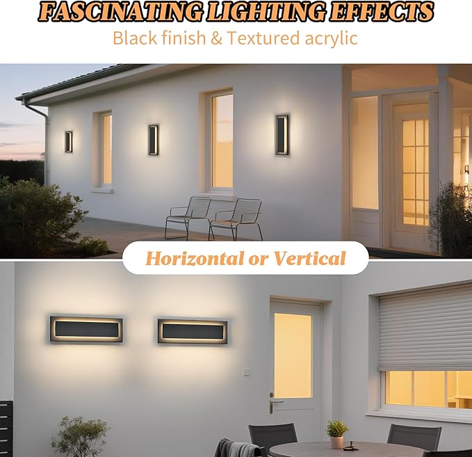 15.7 in Outdoor Wall Sconce Light,Modern Exterior Lights Fixture | Black Outdoor Porch Lights for House,Patio,Front Door,Outdoor Wall Lighting,IP65 Waterproof,3000K Warm White, 12 W,2 Packs