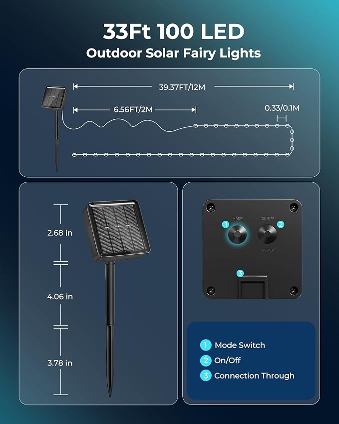 Solar Fairy Lights,33Ft 100 LED Solar String Lights with 8 Modes Pure White | IP65 Waterproof Solar Twinkle Lights Outdoor & Indoor, Patio Lights for Tree Garden Party Wedding Christmas Decoration