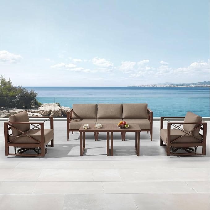 Aluminum Patio Furniture Set, 5-Seat Outdoor Conversation Set with 2 Swivel Rocking Chairs & 2 Coffee Tables, Weather-Resistant Sofa Set for Poolside, Garden, Backyard – Brown