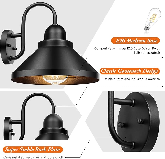 Gooseneck Outdoor Wall Sconces, 2-Pack Large 10.23IN Farmhouse Barn Lights for Porch, Industrial Black Exterior Wall Lights for Garage, Patio, E26 Base Anti-Rust, Bulb not Included