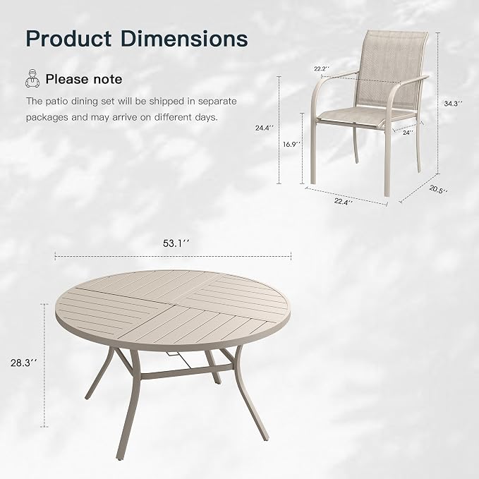 VICLLAX 9 Pieces Patio Outdoor Dining Set, 53" Round Metal Table with Umbrella Hole and 8 Stackable Textilene Chairs for Patio, Lawn, Garden, Porch, Sandshell