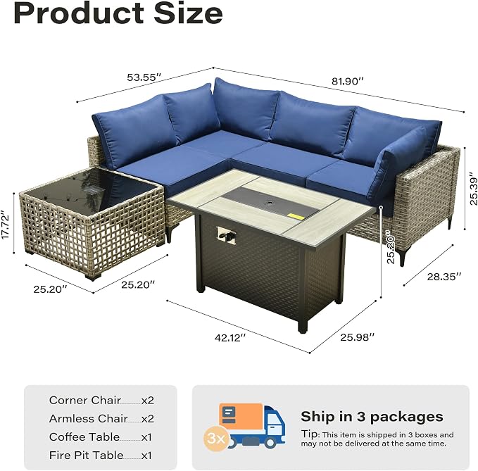 6 Pieces Patio Furniture Set with 42" Fire Pit, All-Weather Rattan Outdoor Sectional Conversation Sets L Shaped Sofas with Solar Light Coffee Table for Porch Balcony Backyard Navy Blue